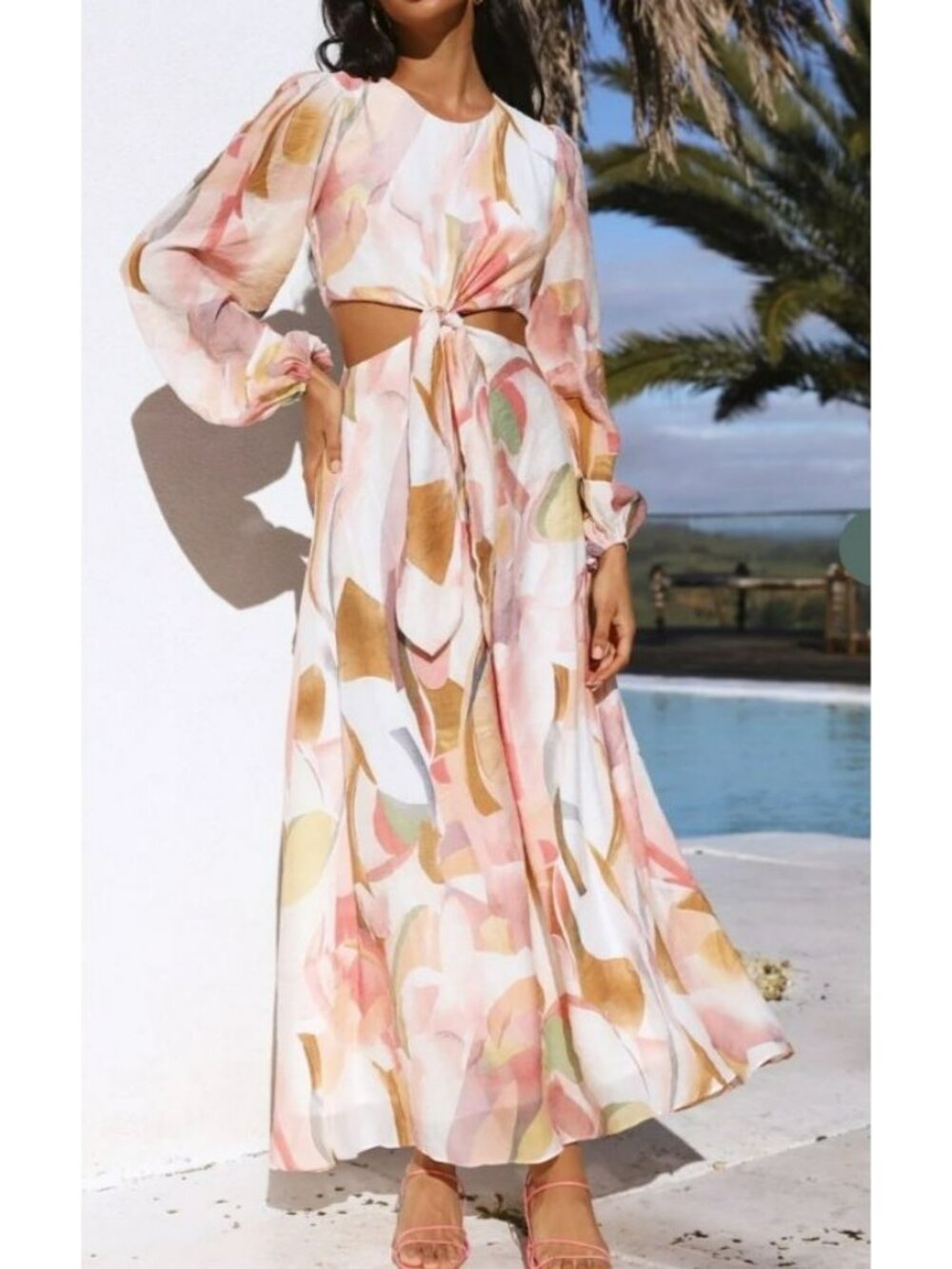 Fortunate One Abstract Long-Sleeve Cutout Maxi Dress Size L Womens